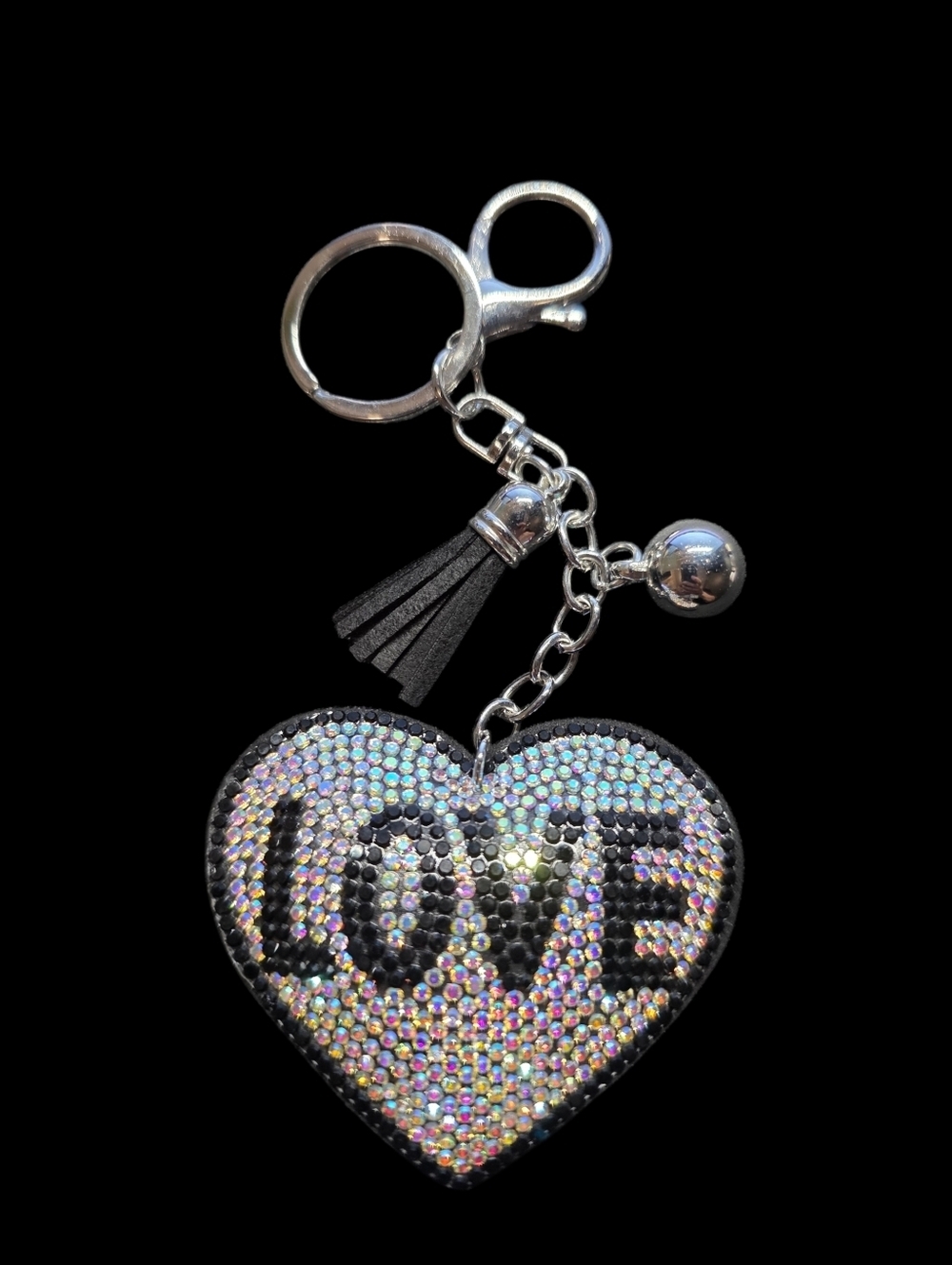 Rhinestone Heart LOVE Bag Charm Keychain with Tassel - Iridescent Black Accent
